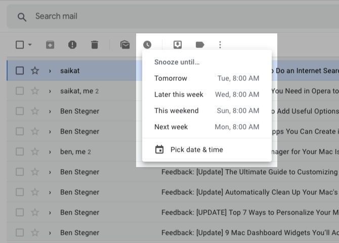 Snooze options in Gmail on the web