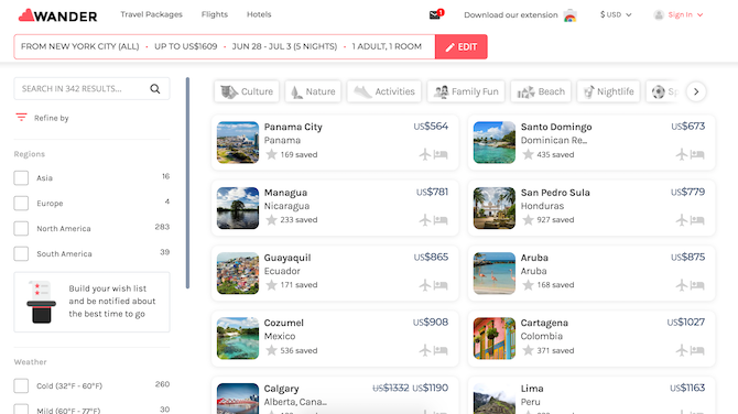 Find travel destinations by your budget with Wander