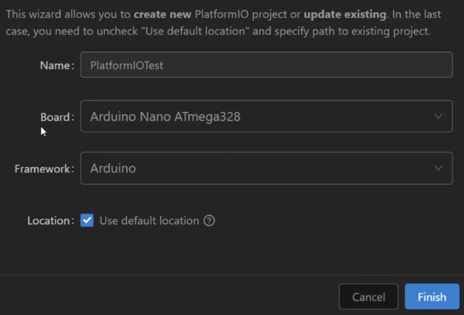 PlatformIO new project window