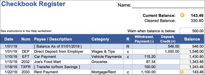 Checkbook Register Excel Template