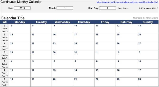 Continuous Monthly Calendar Excel Template