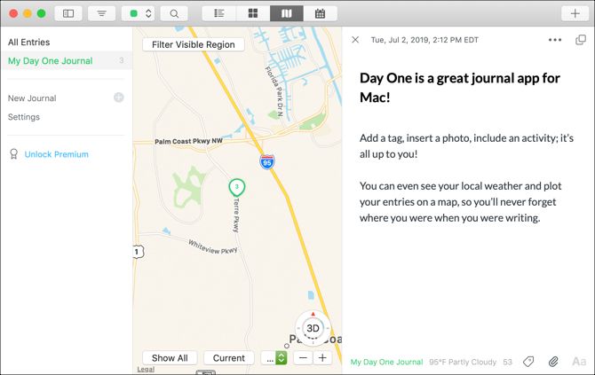 Day One journal entry and map on Mac