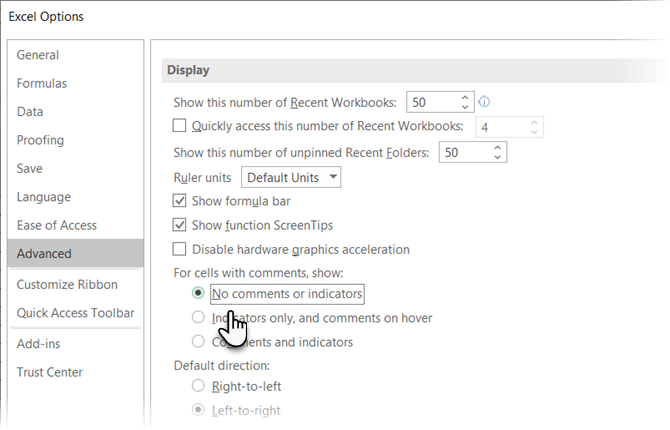 Hide comments and indicators in Excel