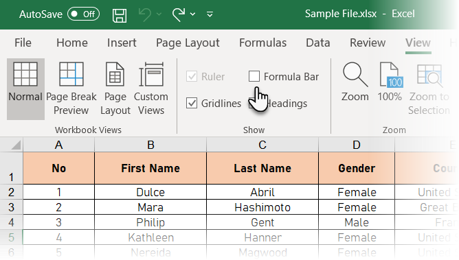 Hide the Formula Bar using the View tab in Excel