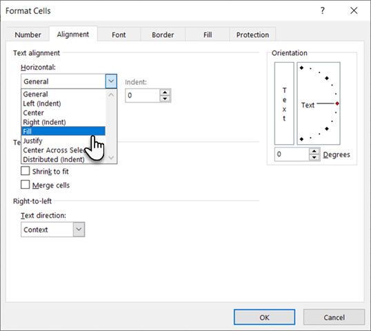 Select Fill under Horizontal on Format Cells dialog box in Excel