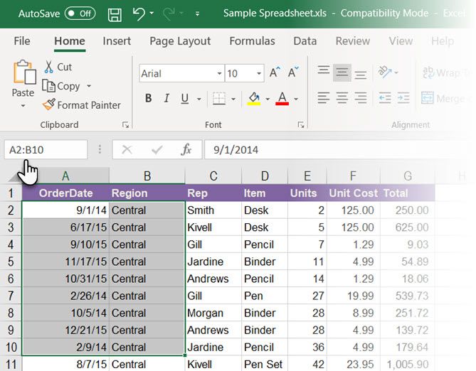 Using the Name Box in Excel to select range of cells