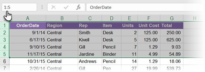 Use the Excel Name Box to select two or more rows