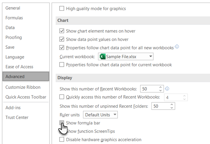 Hide the Formula Bar using Excel Options