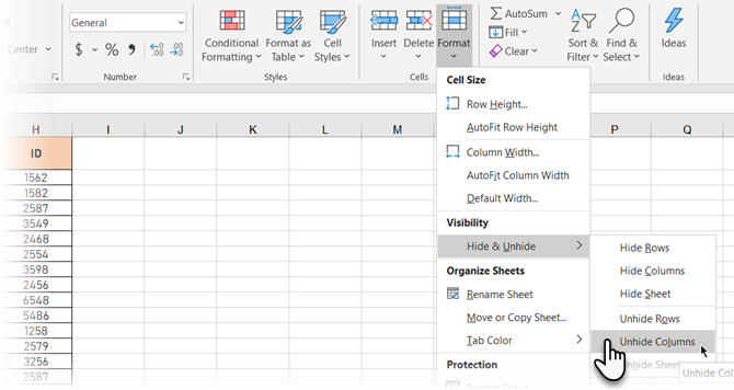 Unhide Columns from the Ribbon in Excel