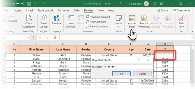 Click Unprotect Sheet in Excel