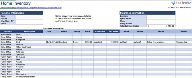 Home Inventory CheckList Excel Template