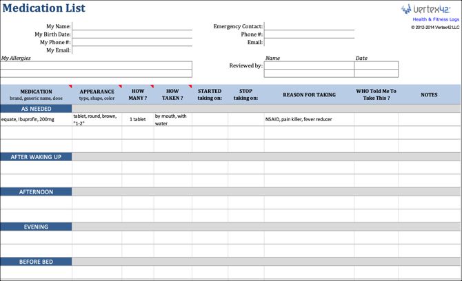 Medication List Excel Template