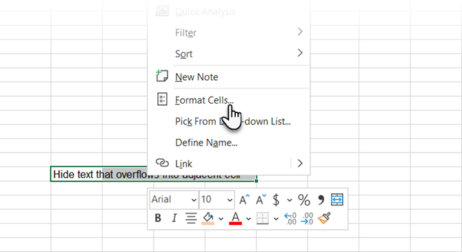 Select Format Cells to hide overflow text in Excel