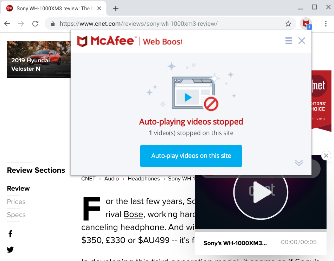 McAfee Web Boost stops auto-playing videos