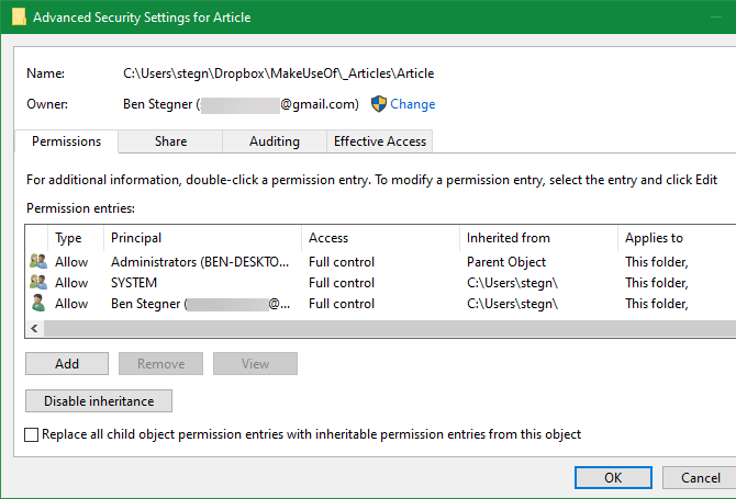 Windows Folder Advanced Security Settings