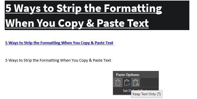 shortcut paste without formatting work