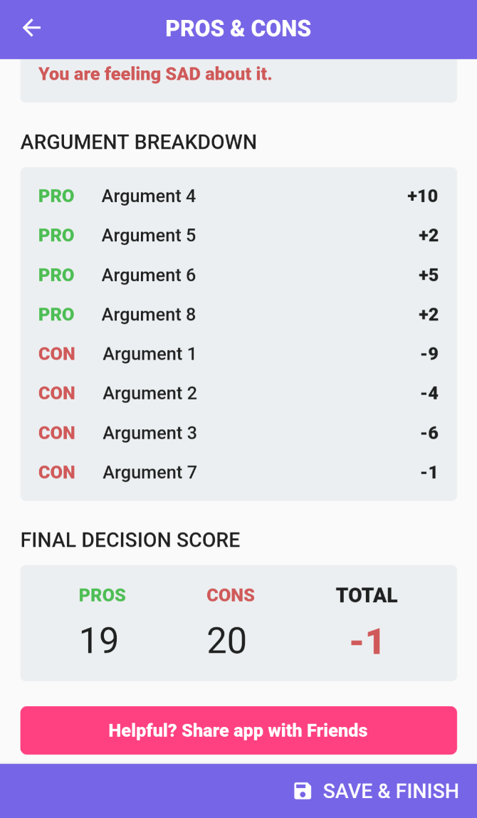 Pros & Cons is a free Android app to turn tough decisions into points based arguments