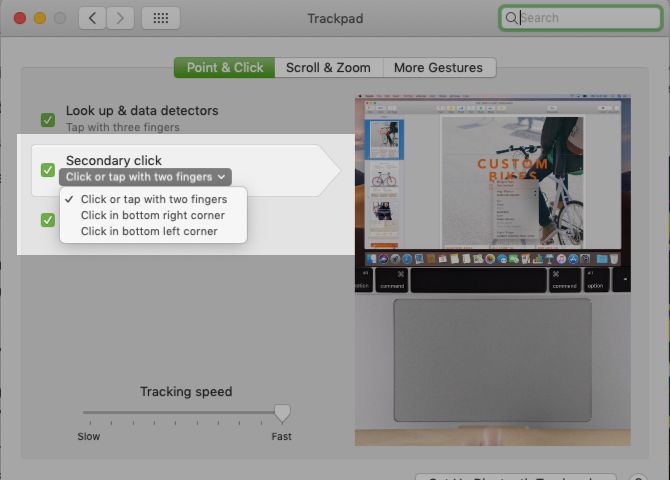 System Preferences setting to configure trackpad gesture for secondary click on macOS