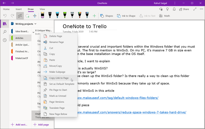 copy link to page in OneNote