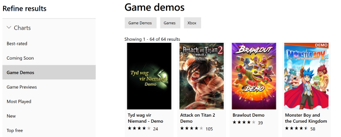 Game demos on the Microsoft Store
