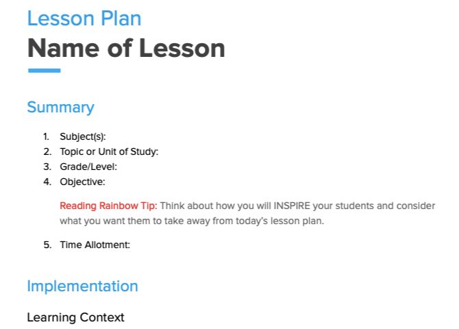 lesson plan template in Google Docs