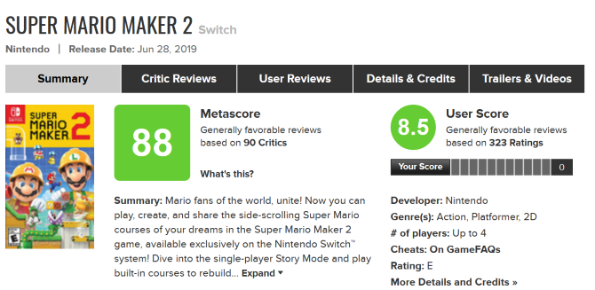 Metacritic entry for Super Mario Maker 2