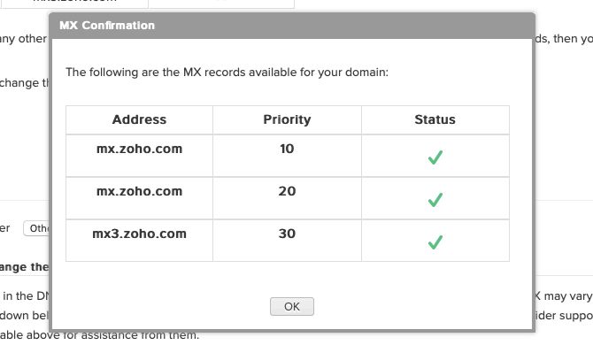 confirm MX records in Zoho Control Panel