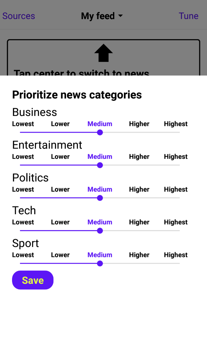 Trimmed News lets you select and prioritize news categories from different sources