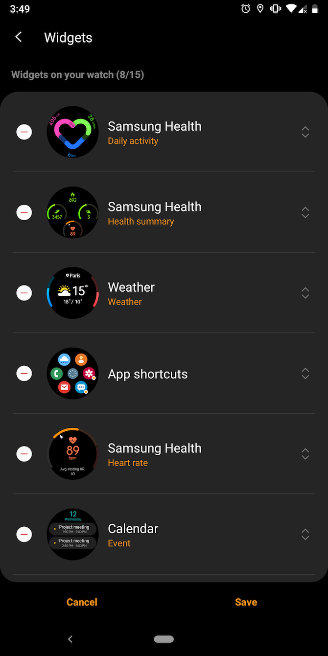 Reorder widgets on Samsung Galaxy watch
