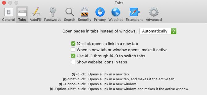Settings for link behavior in Safari on Mac
