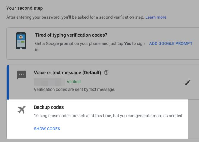 Backup codes section when 2FA is enabled for Google account