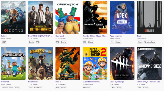 Browsing games on Twitch