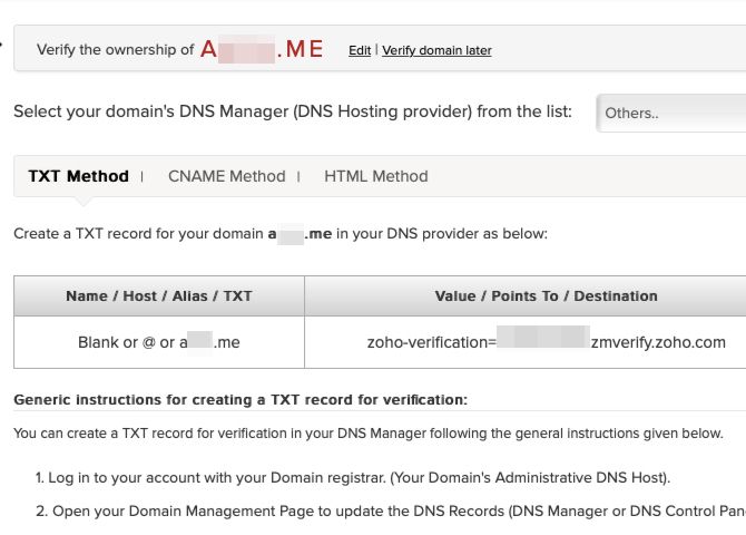 Zoho's instructions to verify domain
