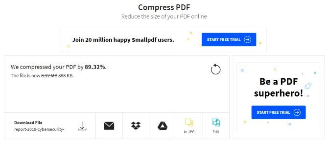 The results of a file compression with Compress PDF