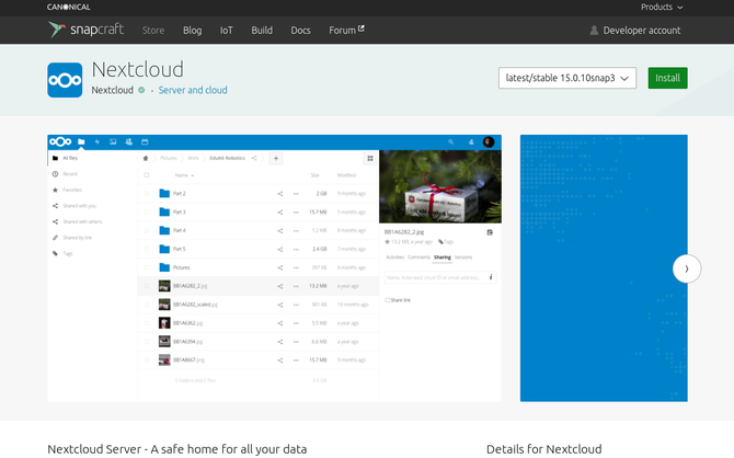 The Nextcloud app open in the Snap Store