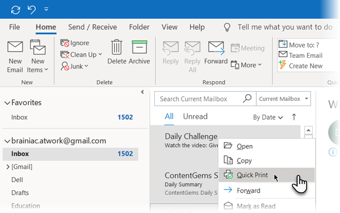 Right click and choose Quick Print from the menu in Microsoft Outlook