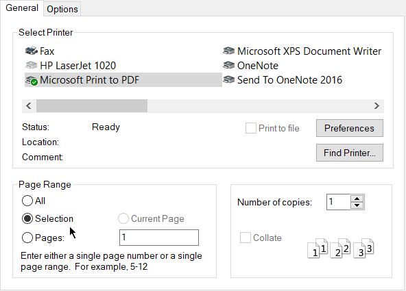 Print a selection from an email in Microsoft Outlook