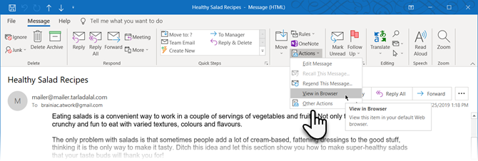 View selection in browser from Microsoft Outlook