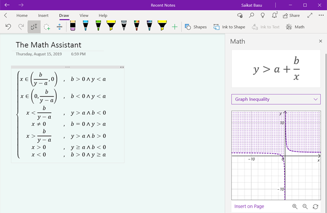 OneNote for Windows 10 Math Assistant