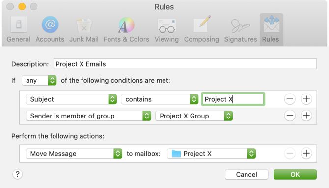 Move project emails Mac Mail rule