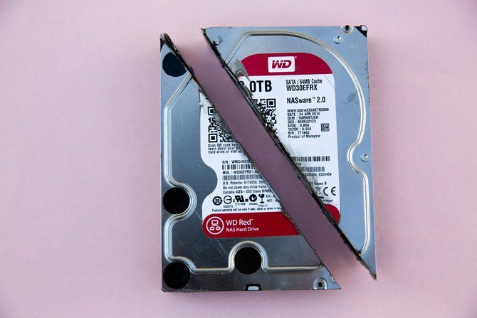 A hard disk drive sliced in half