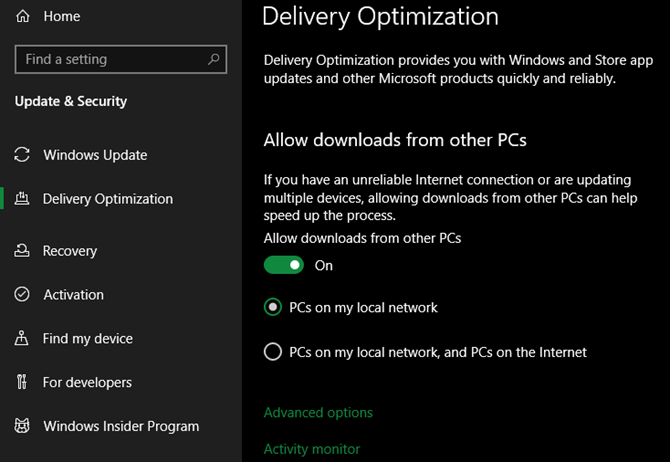 otimização de entrega do Windows 10