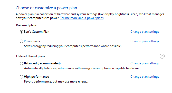 Windows Power Plan Settings