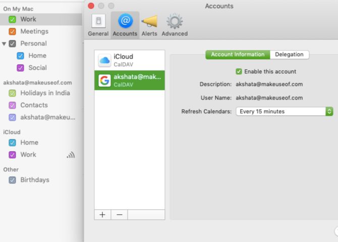 Calendar account in Accounts tab of Apple Calendar settings on Mac