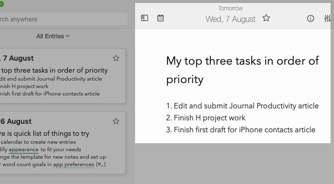 Daily to-do list in journal app