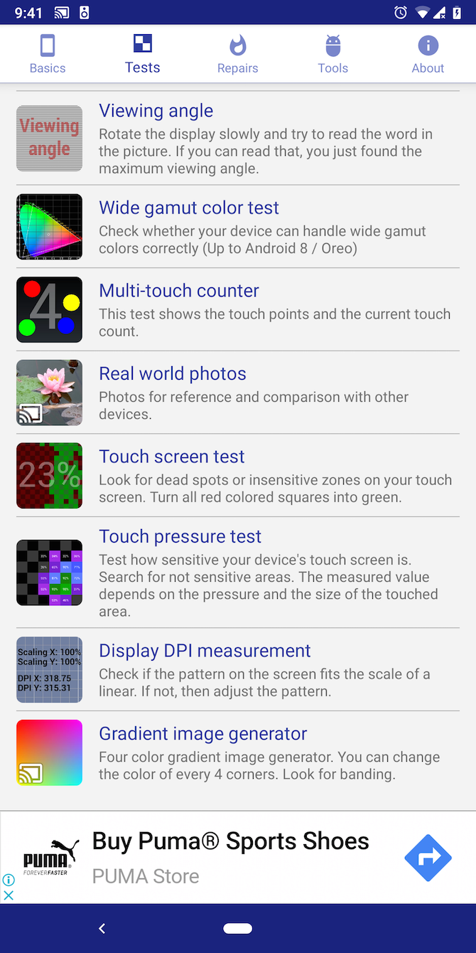 Display tester list of tests Android app