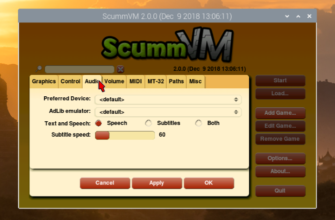 Set audio options in ScummVM