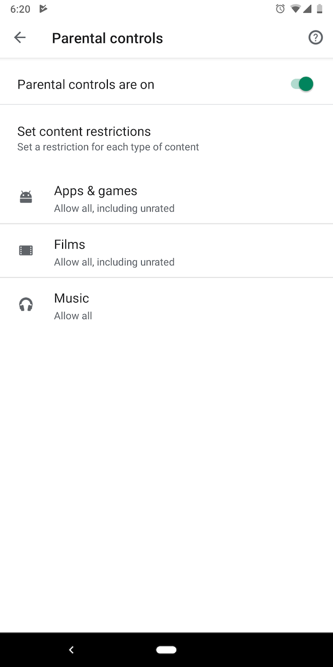 set parental controls play store android