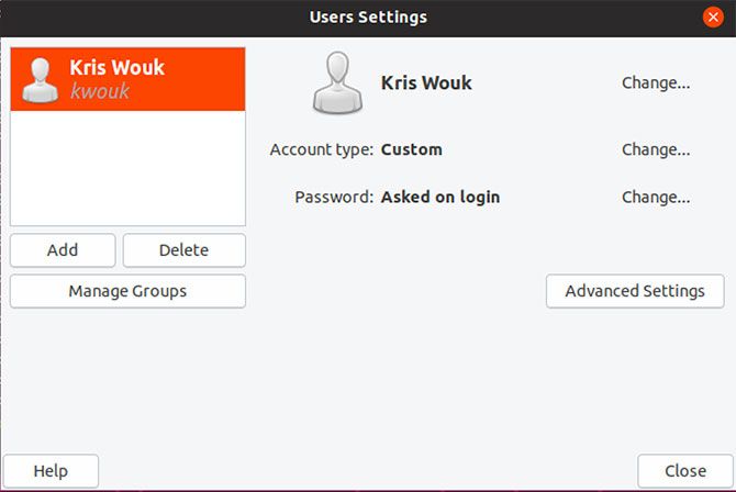 The Users and Groups application on Ubuntu