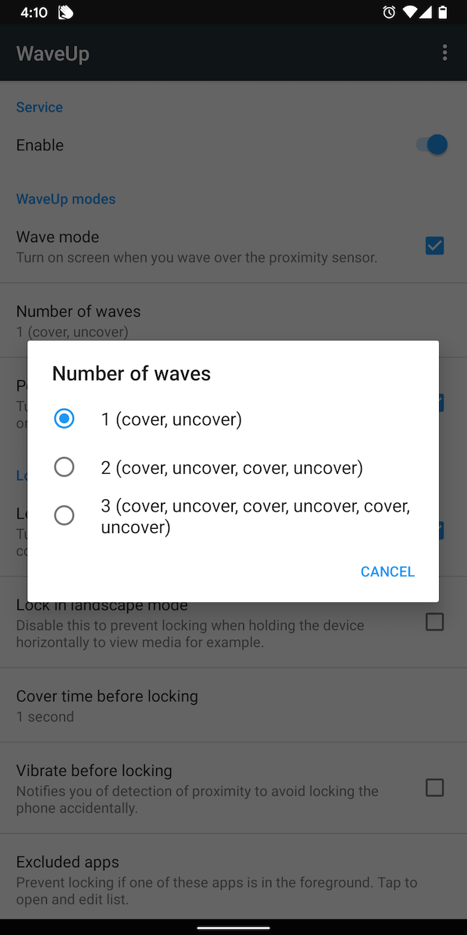 WaveUp Android app settings